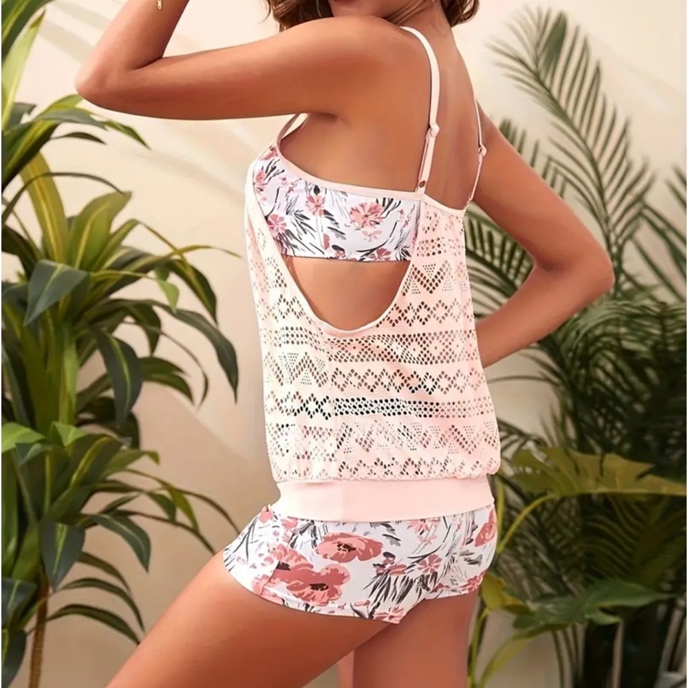 Pink Flower Print Mesh Tankini Set - Picture 4 of 14